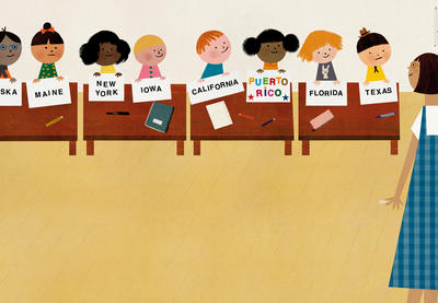 Illustration of young and diverse students in the classroom holding up signs with various states' names displayed, as well as one that lists the United States' territory Puerto Rico in colorful letters and stars.