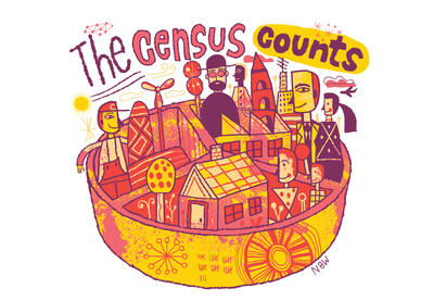 Illustration of a "tall" pie chart whose various sections contain different stylized people. The title "The Census Counts" sits above everything.