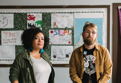 Clarice Brazas and Charlie McGeehan together in a classroom.