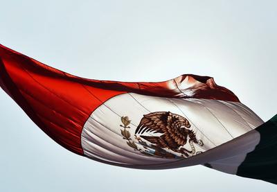A photo of the Mexican flag blowing in the wind.
