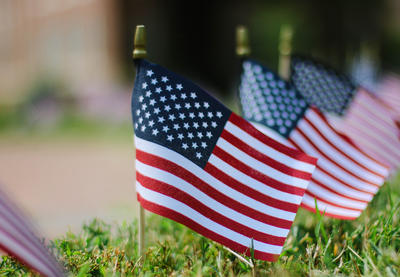 United States of America flags placed in a row.