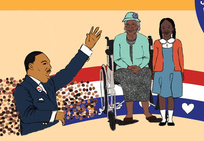 Illustration of Dr. Martin Luther King, Jr. and people listening to him.