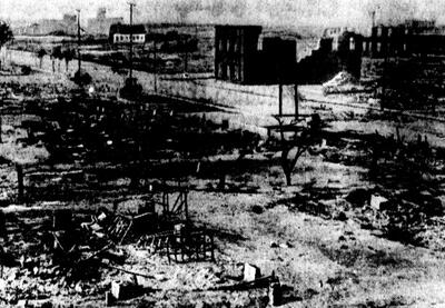 Photograph of the aftermath of the Tulsa Massacre.