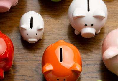 Various sized ceramic piggy banks.