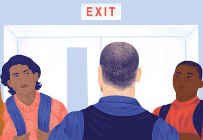 Illustration of a police officer heading towards and exit with students looking on.