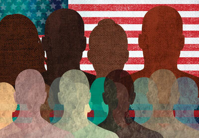 Illustration of several varied silhouettes in front of the American flag.