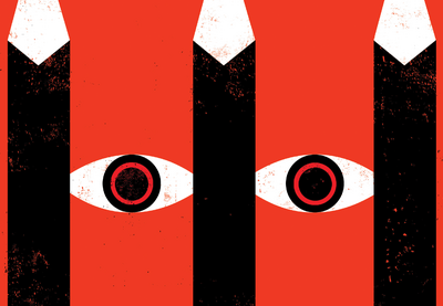 Illustration of eyes peering from behind bars shaped like pencils.