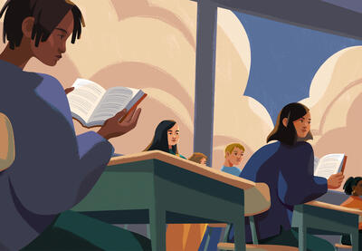 Illustration of students reading in class.