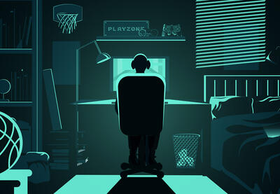 Illustration of a person sitting in front of a computer monitor.