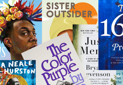 Book covers of books that have been banned including The 1619 Project, The Color Purple, All Boys Aren't Blue