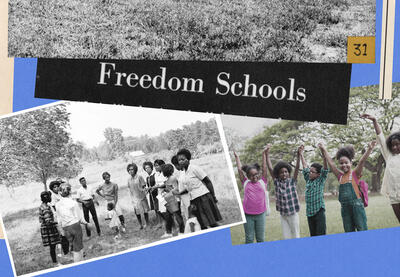 A collage of photographs with the title "Freedom Schools" overlaid on top.