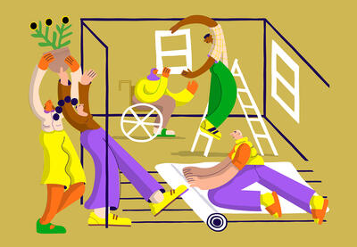 Illustration of people building a room together.