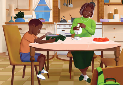 Illustration of a grandson and grandmother at a table together.