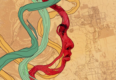 Stylized illustration of a person's profile rendered in ribbons of color.