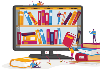 Illustration of books on a computer screen.