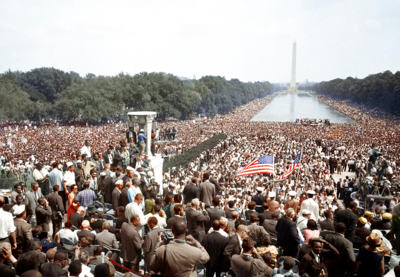 Hundreds of thousands of people gather at the Lincoln Memorial during the 1963 March on Washington for Jobs and Freedom. 