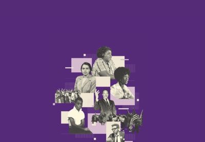 Photo collage of various important Civil Rights activists against a purple background.