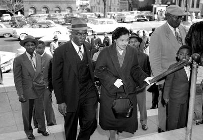 A photo of Rosa Parks during the Montgomery Bus Boycott.