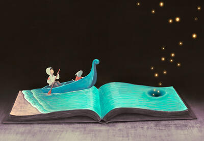 Imaginative concept art, boy in boat with dog on the page of a book representing ocean