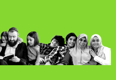 Collage image of a Jewish family and a Muslim family