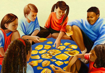 Illustration of a group of children putting together a pieces to form an image.