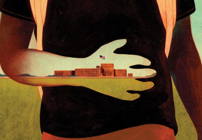 Illustration of youth with arm across stomach and imposed image of school