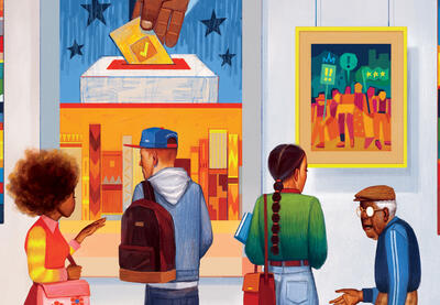 Group of diverse people observing and discussing art representing justice issues.