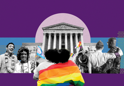 Collage image of historical and contemporary LGBTQ+ people with rainbow flag in front of the Supreme Court