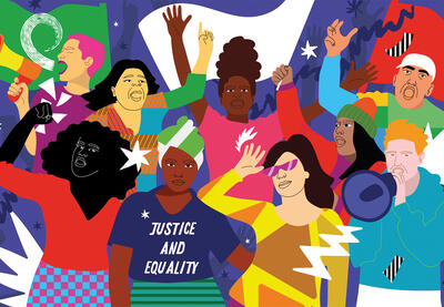 Illustration of a group of diverse individuals protesting for justice