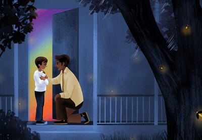 Illustration by Nicole Album - two brothers on the porch talking, evening with fireflies