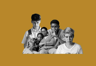 Collage image of a group of diverse young people and a parent