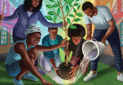 Illustration of youth and adults planting a tree together