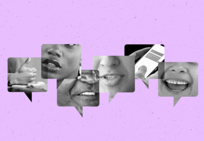 Collage of faces and hands communicating