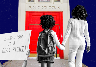 School Vouchers - image of public school, parent and child and person with sign "Education is a civil right."
