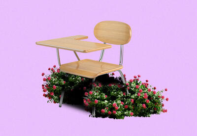 symbolic image of student desk and flowers