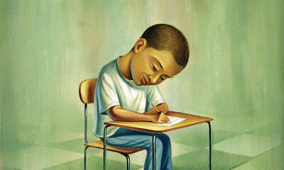 Illustration of boy sitting in a caged desk