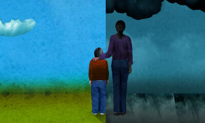 Teaching Tolerance illustration a child standing under nice weather beside an adult standing under dark weather