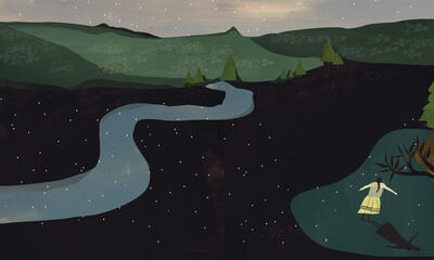 Illustration of a river running through untouched American landscape