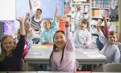 students raising hands in class