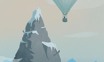 Mountain climbers overshadowed by person in hot air balloon.