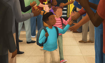 Illustration of students receiving high fives from adults as they disembark their school bus.