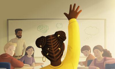 Illustration of a student of color raising their hand in class while other students look on.