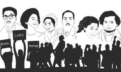 Illustration featuring the likenesses of Bayard Rustin, Angela Davis, Sojourner Truth, Langston Hughes, Toni Morrison, Frederick Douglass and silhouettes of protesters and activists.
