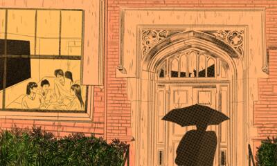 Illustration of someone approaching a school building while holding umbrella.