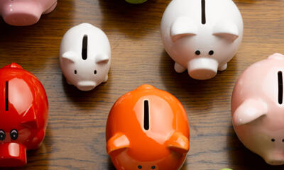 Various sized ceramic piggy banks.