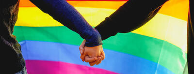 Two people hold hands with a rainbow flag in the background. 