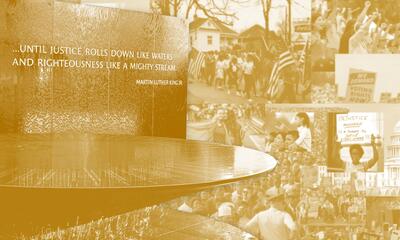 Photo collage featuring the Civil Rights Memorial Center fountain.