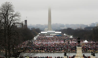 A photo of thousands of people in front of the Washington Monument during the 2017 Women's March
