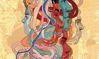 Stylized and colorful illustration of faces.
