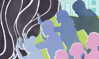 Illustration of silhouettes of people pushing against an amorphous, imposing shape.